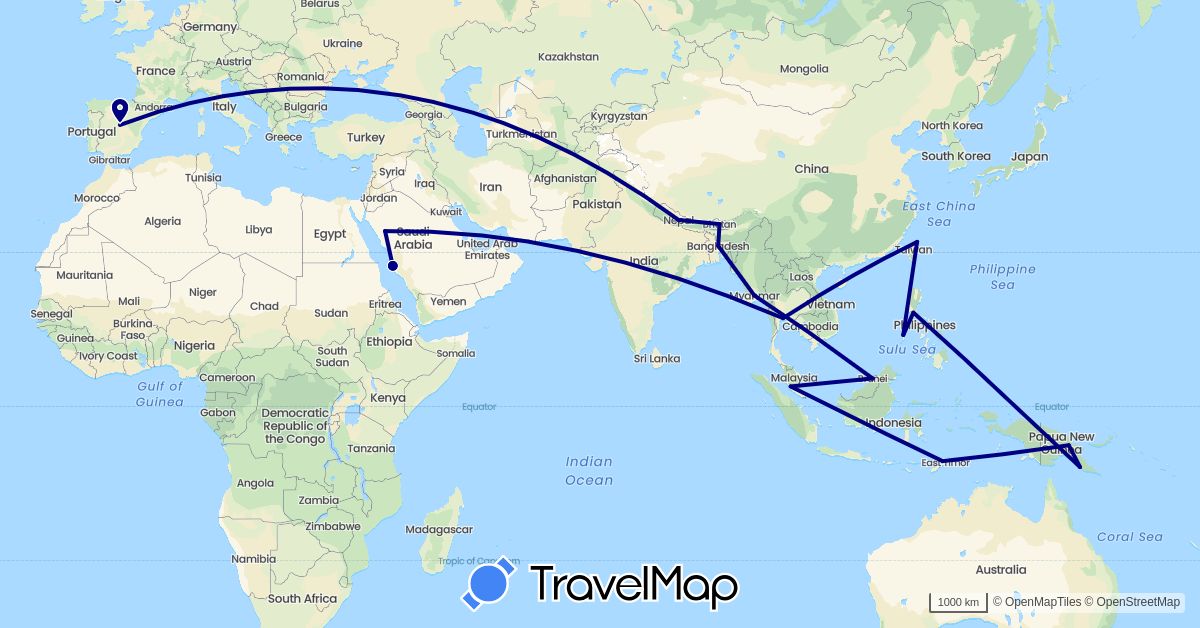 TravelMap itinerary: driving in Bangladesh, Brunei, Bhutan, Spain, Myanmar (Burma), Malaysia, Nepal, Papua New Guinea, Philippines, Saudi Arabia, Thailand, East Timor, Taiwan (Asia, Europe, Oceania)